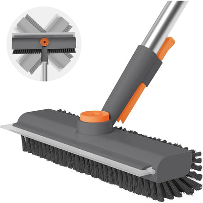 3-in-1 Floor Scrubber Squeegee with Long Handle, 360° Rotating Stiff Bristle Brush & Shower Squeegee for Bathtub, Shower, Glass, Floors & Home Cleaning