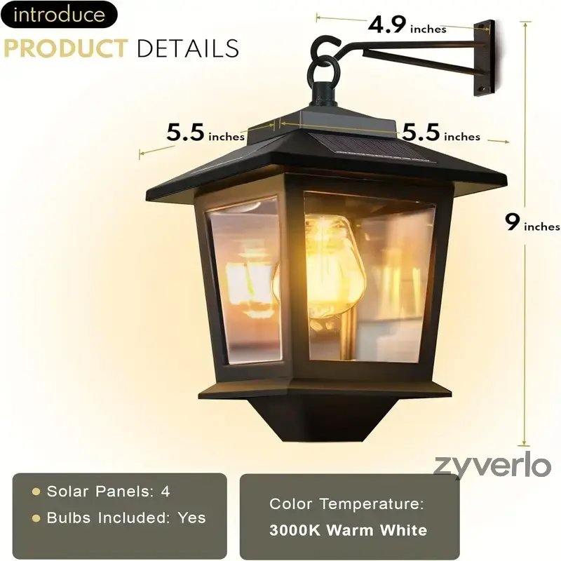 2-Pack Solar Outdoor Wall Lanterns, 4 Solar Panels, Warm White LED, Waterproof Anti-Rust Patio & Garden Lights