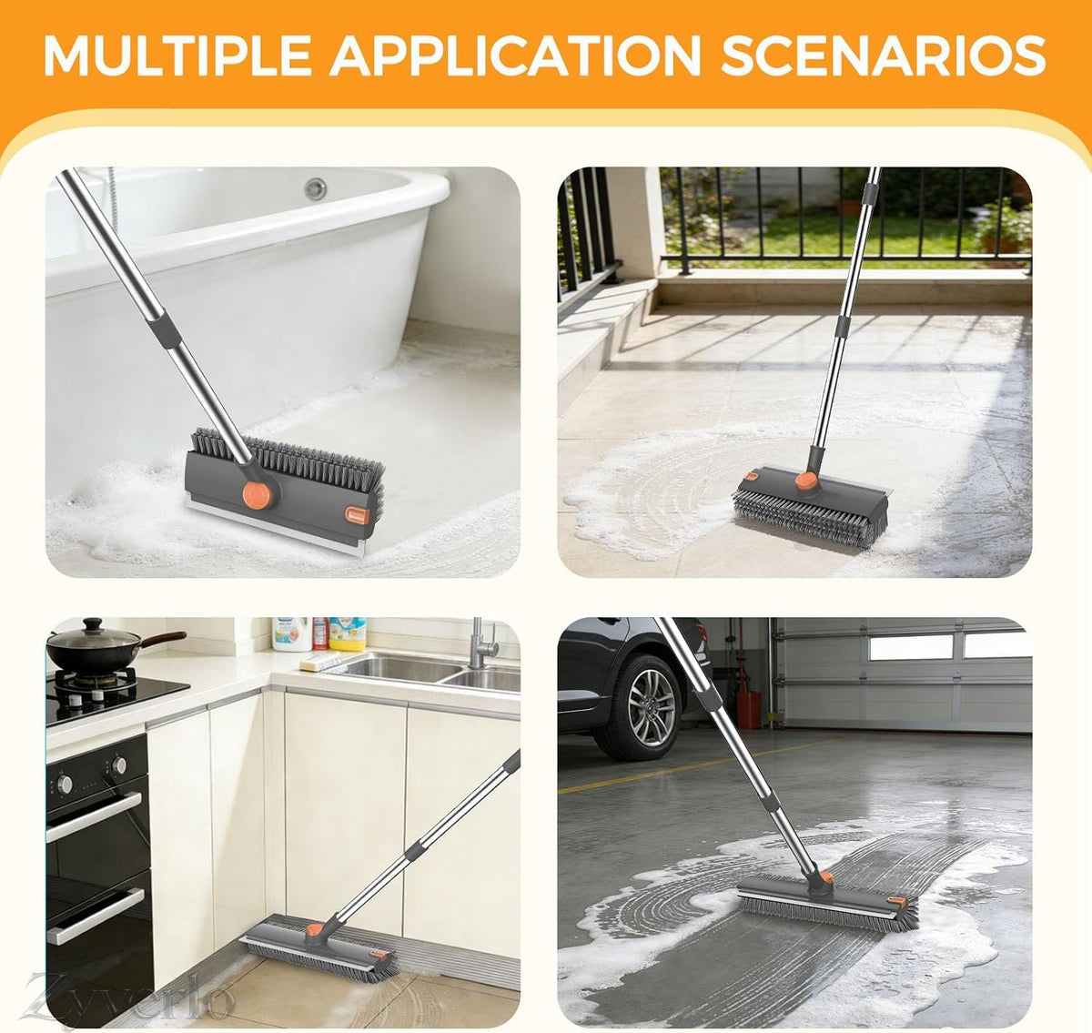 3-in-1 Floor Scrubber Squeegee with Long Handle, 360° Rotating Stiff Bristle Brush & Shower Squeegee for Bathtub, Shower, Glass, Floors & Home Cleaning