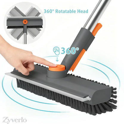 3-in-1 Floor Scrubber Squeegee with Long Handle, 360° Rotating Stiff Bristle Brush & Shower Squeegee for Bathtub, Shower, Glass, Floors & Home Cleaning