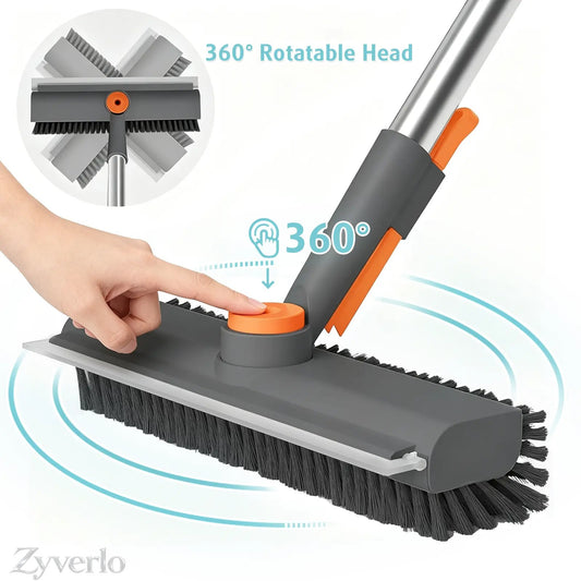3-in-1 Floor Scrubber Squeegee with Long Handle, 360° Rotating Stiff Bristle Brush & Shower Squeegee for Bathtub, Shower, Glass, Floors & Home Cleaning