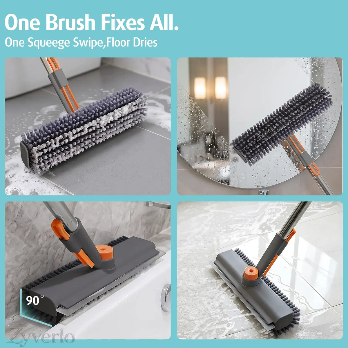 3-in-1 Floor Scrubber Squeegee with Long Handle, 360° Rotating Stiff Bristle Brush & Shower Squeegee for Bathtub, Shower, Glass, Floors & Home Cleaning