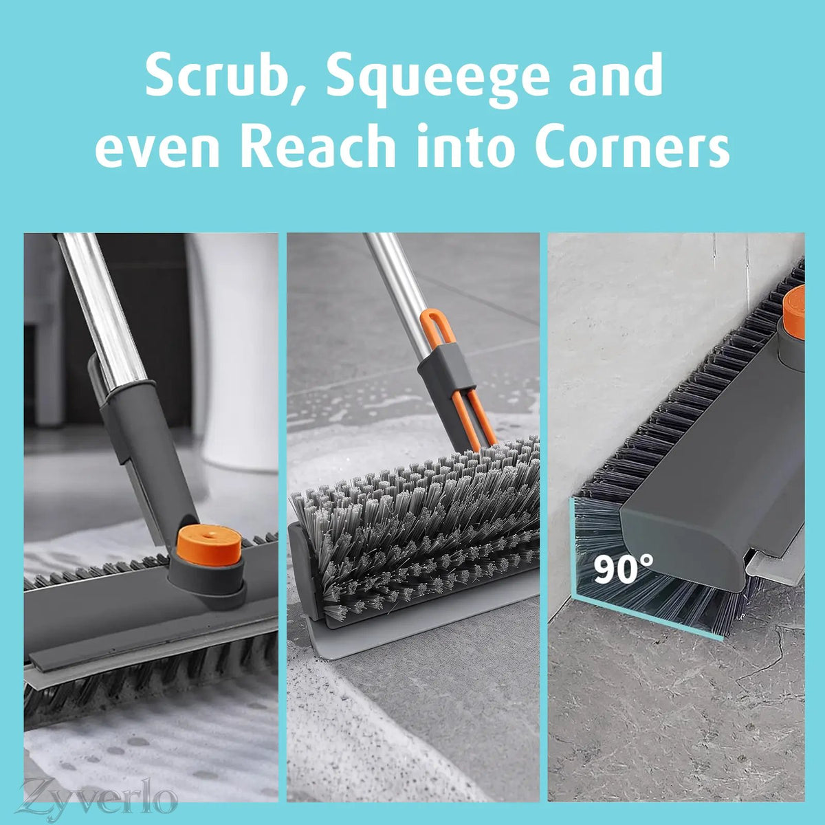 3-in-1 Floor Scrubber Squeegee with Long Handle, 360° Rotating Stiff Bristle Brush & Shower Squeegee for Bathtub, Shower, Glass, Floors & Home Cleaning