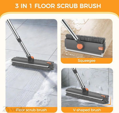 3-in-1 Floor Scrubber Squeegee with Long Handle, 360° Rotating Stiff Bristle Brush & Shower Squeegee for Bathtub, Shower, Glass, Floors & Home Cleaning