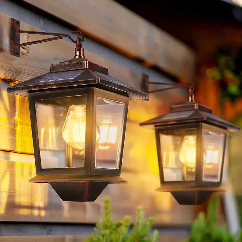 2-Pack Solar Outdoor Wall Lanterns, 4 Solar Panels, Warm White LED, Waterproof Anti-Rust Patio & Garden Lights
