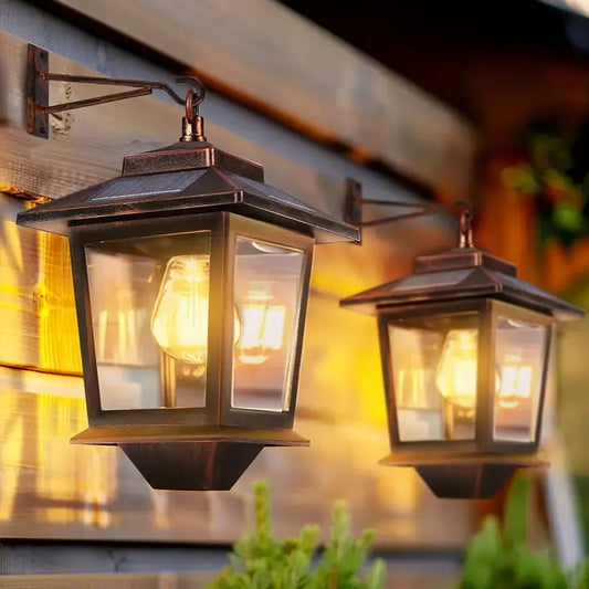 2-Pack Solar Outdoor Wall Lanterns, 4 Solar Panels, Warm White LED, Waterproof Anti-Rust Patio & Garden Lights